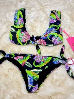 Tropical Floral Tie-Front Bikini Set - Green & Black